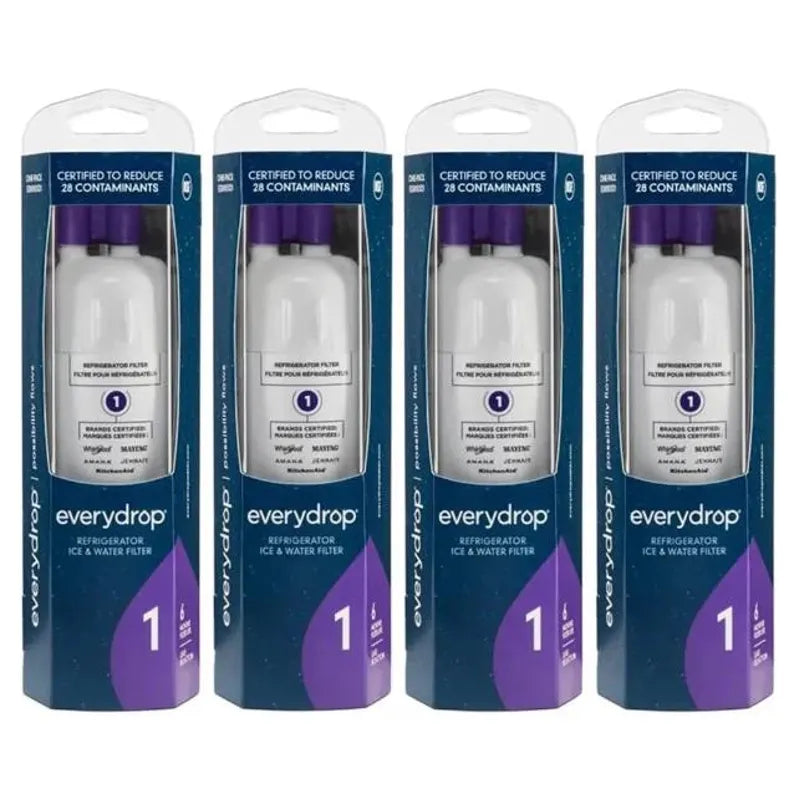 Four packages of everydrop refrigerator ice and water filter on a white background