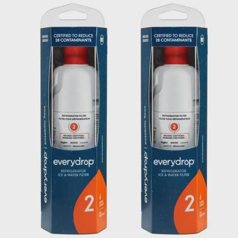 Two packages of everydrop refrigerator ice and water filter on a light gray background